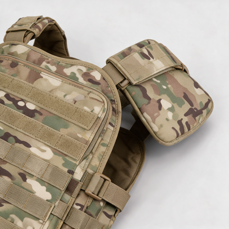 Front map pocket, MOLLE webbing and padded shoulder pad detail, Multicam