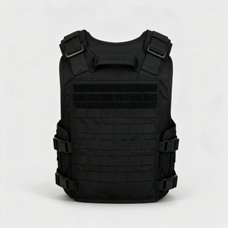 Battalion Elite Tactical MOLLE Vest in Black, back view with drag handle