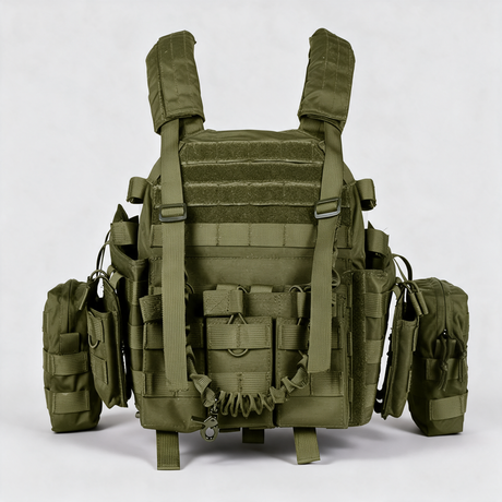 Battalion Quick-Release Tactical MOLLE Vest in Olive Green, front view with magazine pouches