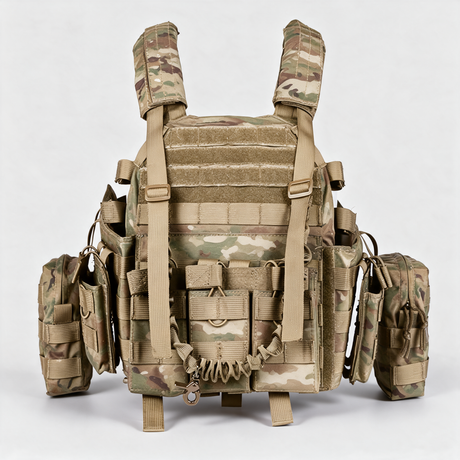 Battalion Quick-Release Tactical MOLLE Vest in Multicam, front view with magazine pouches