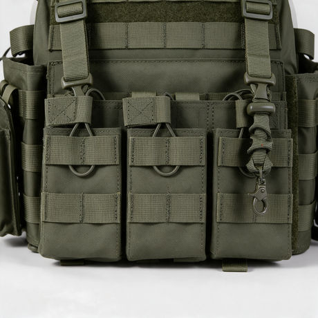 Triple magazine pouches and quick-release pull cord detail, Olive Green