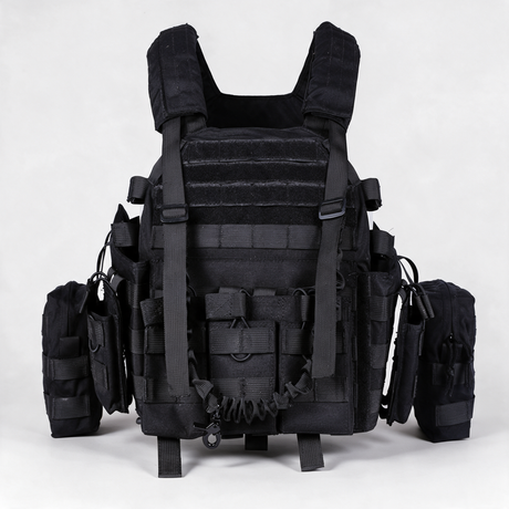 Battalion Quick-Release Tactical MOLLE Vest in Black, front view with magazine pouches