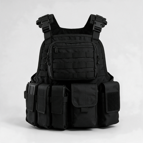 Battalion Recon Tactical MOLLE Vest in Black, front view with pouches