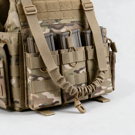 Triple magazine pouches and quick-release pull cord detail, Multicam