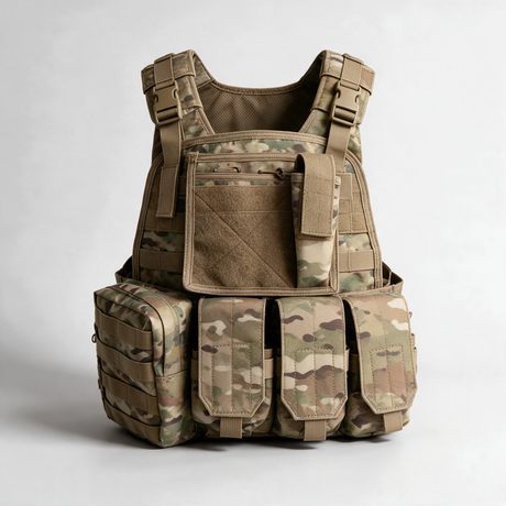 Battalion Recon Tactical MOLLE Vest in Multicam, front view with pouches