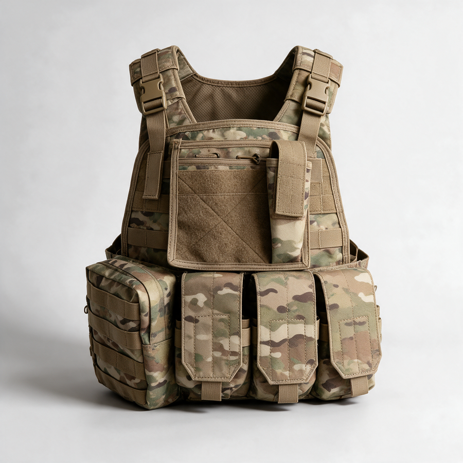 Battalion Recon Tactical MOLLE Vest in Multicam, front view with pouches