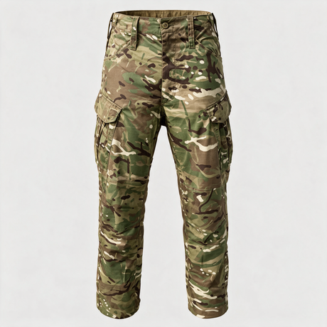 Genuine British Army MTP PCS combat trousers, front view showing button fly, belt loops and thigh cargo pockets