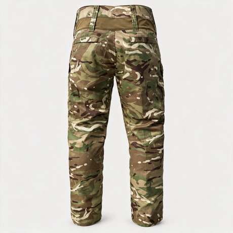 British Army MTP PCS combat trousers, back view showing coyote rear waistband panel and flapped rear pockets