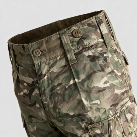Close-up of British Army MTP PCS combat trousers button fly, coyote buttons, waistband and belt loops