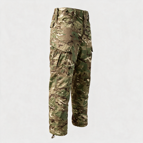 British Army MTP PCS combat trousers, side view showing pleated bellows thigh cargo pocket and ankle drawcord
