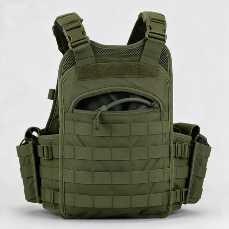 Hydration compartment opening and tube port detail, Olive Green