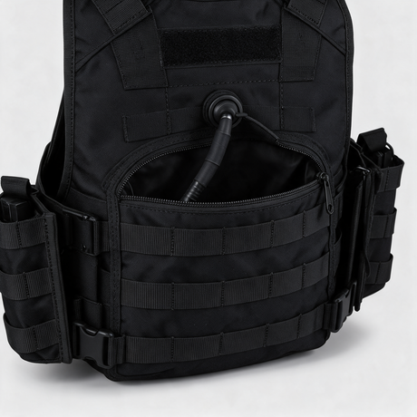 Hydration compartment opening and tube port detail, Black
