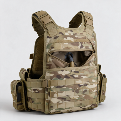 Hydration compartment opening and tube port detail, Multicam
