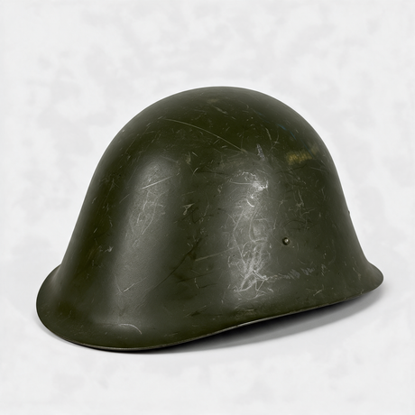 Romanian Army M73 steel combat helmet in olive green, three-quarter view