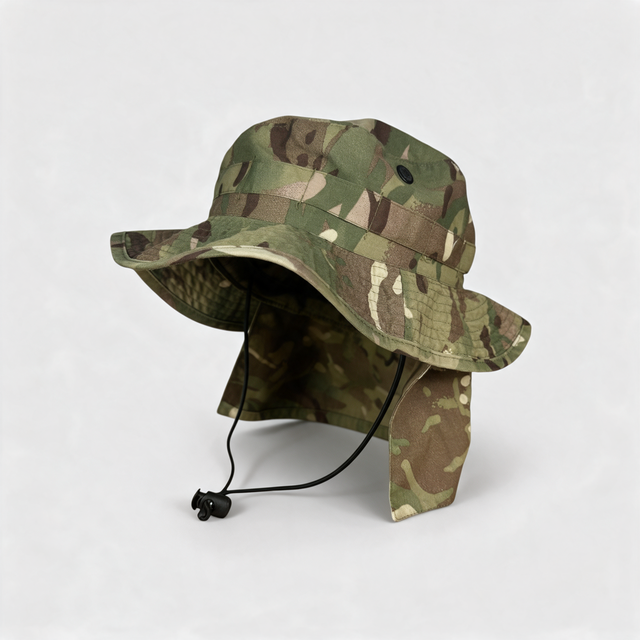 British Army MTP boonie hat with neck flap and chin strap, front three-quarter view