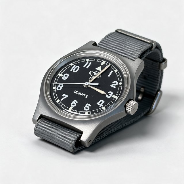 CWC G10 British military issue quartz watch on grey NATO strap, angled view
