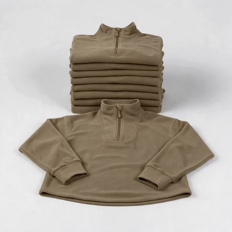 Stack of ten light olive British Army PCS thermal fleece Norgie tops - bulk pack of 10