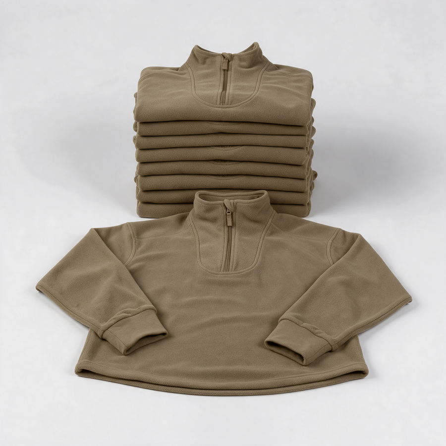 Stack of ten light olive British Army PCS thermal fleece Norgie tops - bulk pack of 10