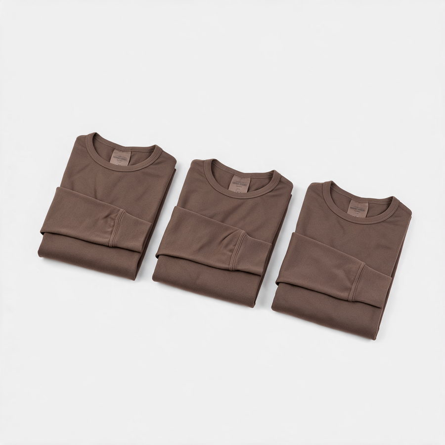 Three brown British Army long sleeve thermal base layer tops - pack of 3