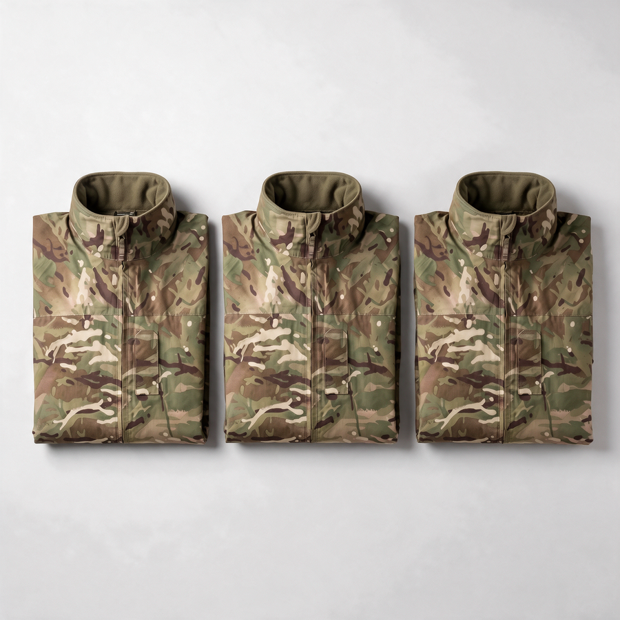 Three genuine British Army MTP lightweight waterproof Gore-Tex jackets laid out in a row - pack of 3
