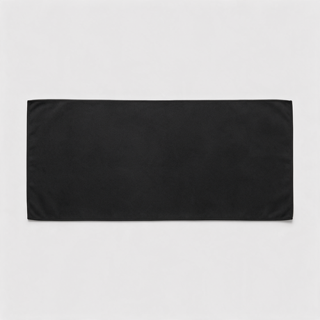 Black microfibre towel opened out and laid flat showing the full rectangle