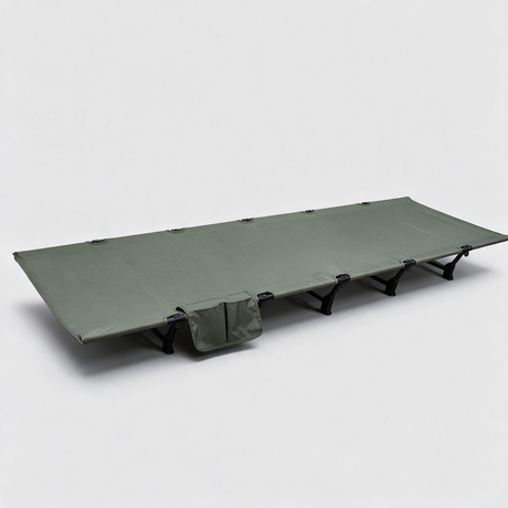 Army green ultralight folding camp bed set up, low aluminium frame with side storage pocket