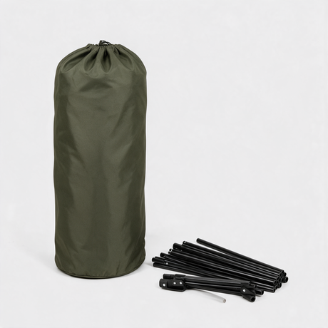 Camp bed packed into its olive green carry sack with aluminium frame sections alongside