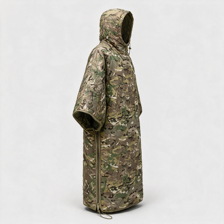 MTP camo poncho liner zipped closed into a hooded sleeping cape, side view showing the two-way zip