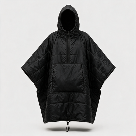 Battalion hooded poncho liner in black, front view worn as a cape with the hood up