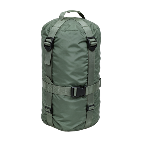 Genuine British Army lightweight sleeping bag compression sack, Grade 1, olive green nylon with webbing compression straps
