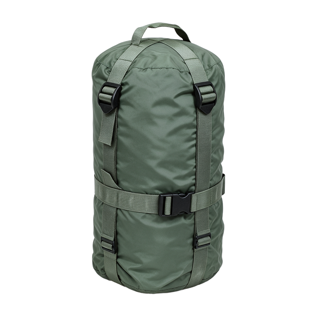 Genuine British Army lightweight sleeping bag compression sack, Grade 1, olive green nylon with webbing compression straps