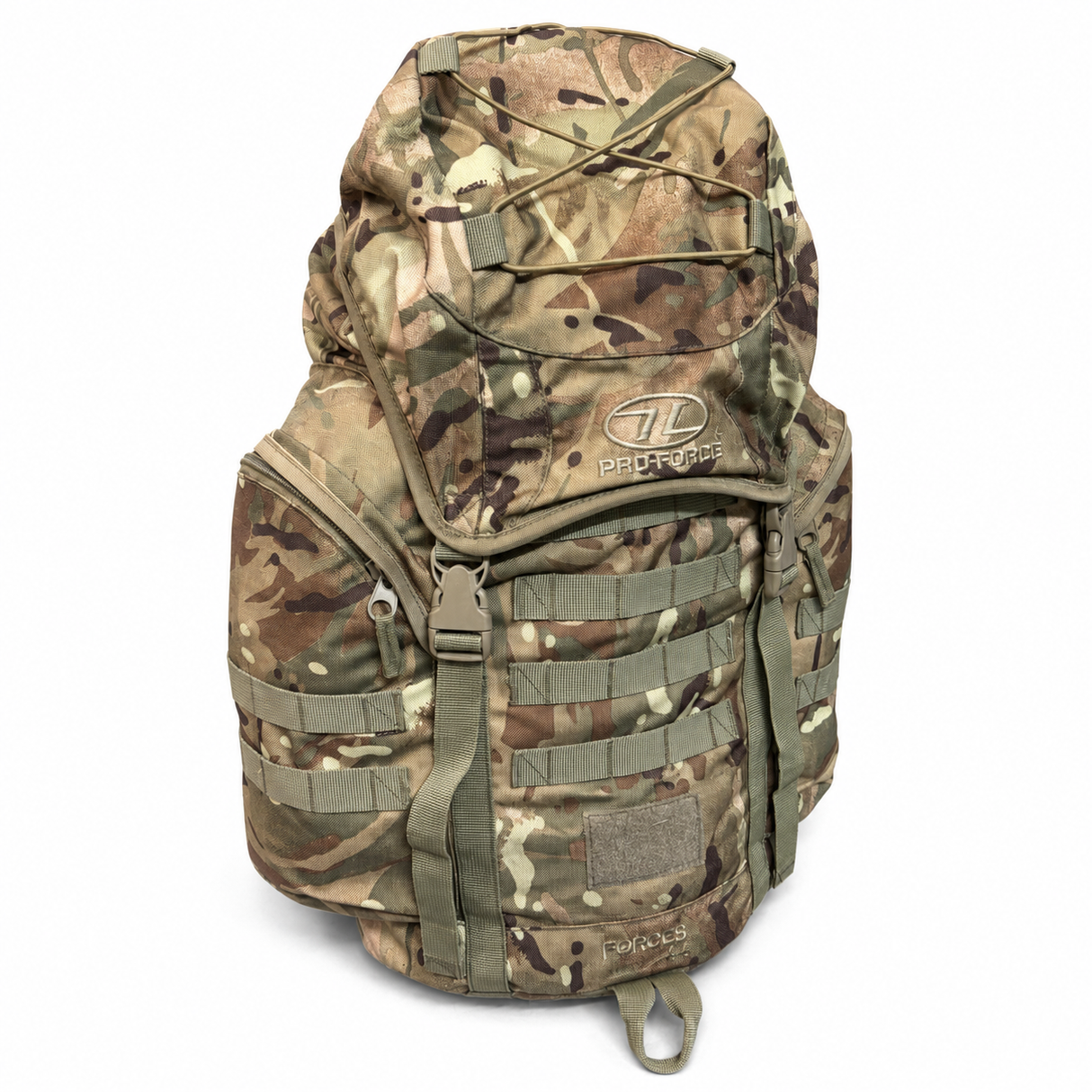 Highlander Pro-Force Forces 44L MTP camouflage rucksack angled view on white - Grade 1
