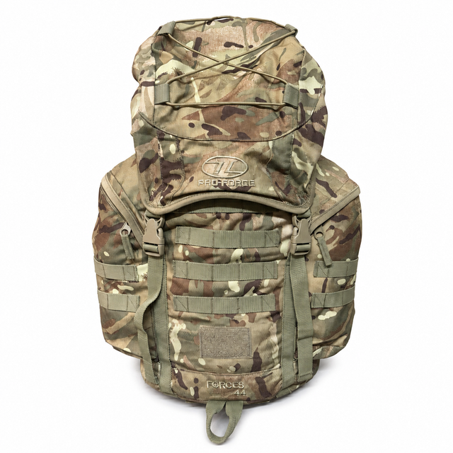 Highlander Pro-Force Forces 44L MTP camouflage rucksack front view on white - Grade 1