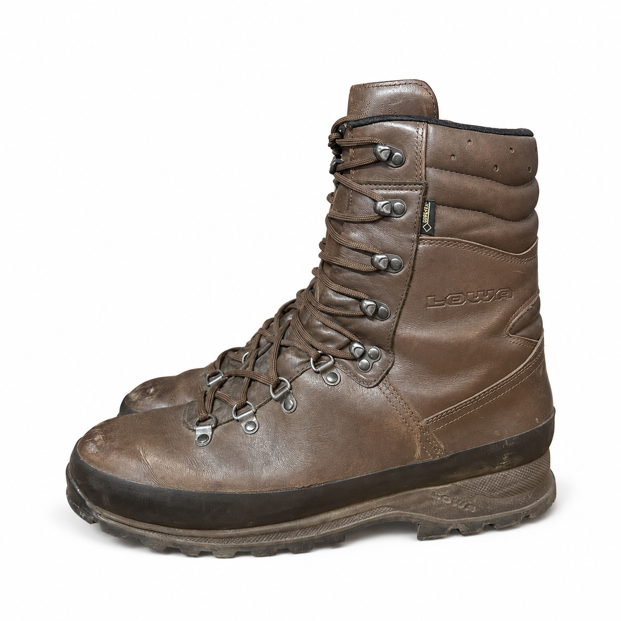 LOWA Mountain GTX brown leather combat boots side view with Gore-Tex lining