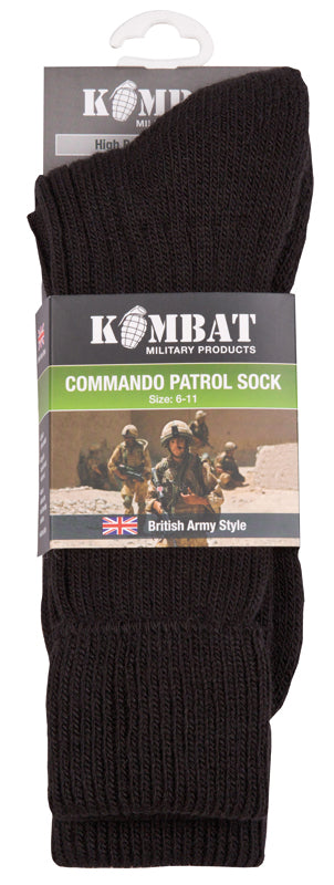 Patrol Socks in Black - Warm, durable, and comfortable combat socks designed for outdoor activities. Made from a blend of acrylic, wool, and nylon. Reinforced sole for added comfort. One size fits UK 6-11. Airsoft, military, outdoors, hiking capabilities