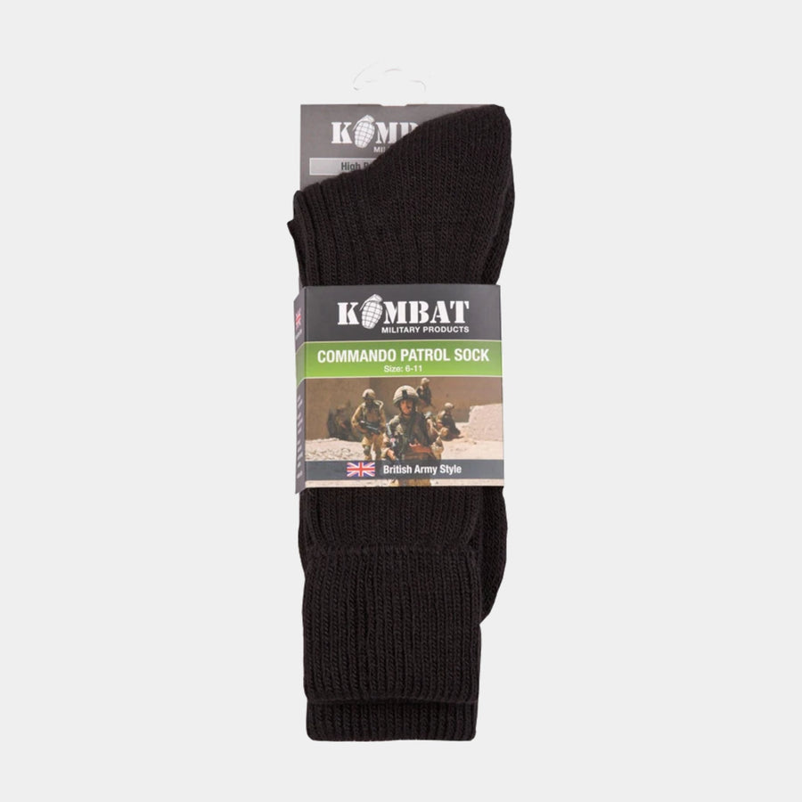 Patrol Socks in Black - Warm, durable, and comfortable combat socks designed for outdoor activities. Made from a blend of acrylic, wool, and nylon. Reinforced sole for added comfort. One size fits UK 6-11. Airsoft, military, outdoors, hiking capabilities