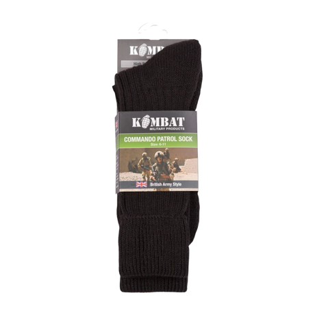 Patrol Socks in Black - Warm, durable, and comfortable combat socks designed for outdoor activities. Made from a blend of acrylic, wool, and nylon. Reinforced sole for added comfort. One size fits UK 6-11. Airsoft, military, outdoors, hiking capabilities