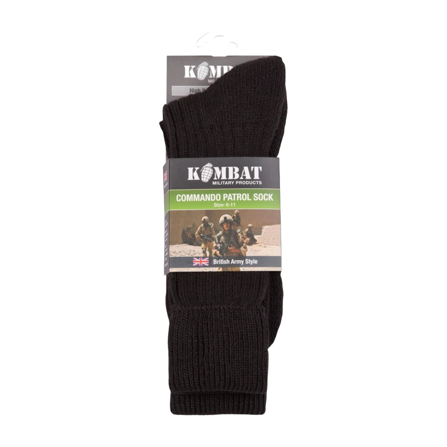 Patrol Socks in Black - Warm, durable, and comfortable combat socks designed for outdoor activities. Made from a blend of acrylic, wool, and nylon. Reinforced sole for added comfort. One size fits UK 6-11. Airsoft, military, outdoors, hiking capabilities