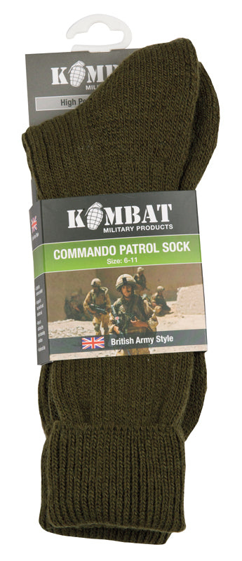 Patrol Socks in Olive Green - Warm, durable, and comfortable combat socks designed for outdoor activities. Made from a blend of acrylic, wool, and nylon. Reinforced sole for added comfort. One size fits UK 6-11. Military, airsoft, hiking, outdoor and fishinguse