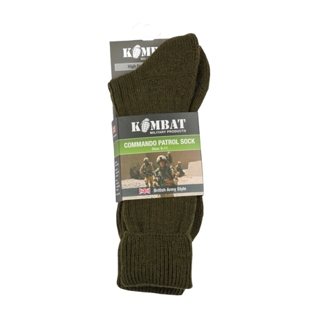 Patrol Socks in Olive Green - Warm, durable, and comfortable combat socks designed for outdoor activities. Made from a blend of acrylic, wool, and nylon. Reinforced sole for added comfort. One size fits UK 6-11. Military, airsoft, hiking, outdoor and fishinguse