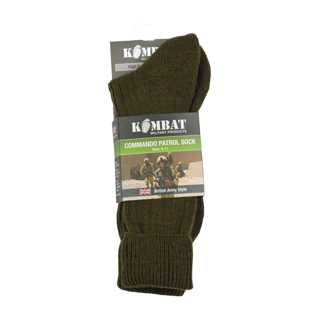 Patrol Socks in Olive Green - Warm, durable, and comfortable combat socks designed for outdoor activities. Made from a blend of acrylic, wool, and nylon. Reinforced sole for added comfort. One size fits UK 6-11. Military, airsoft, hiking, outdoor and fishinguse