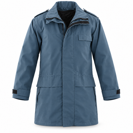 RAF blue-grey Gore-Tex jacket front with open collar on white background