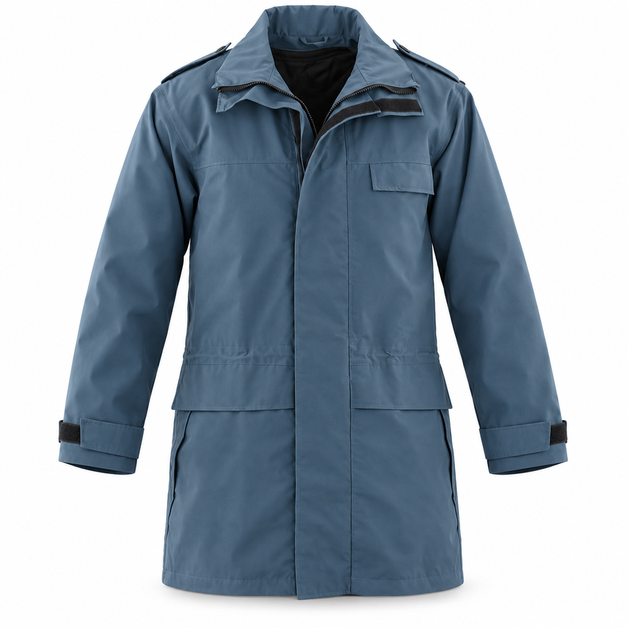 RAF blue-grey Gore-Tex jacket front with open collar on white background