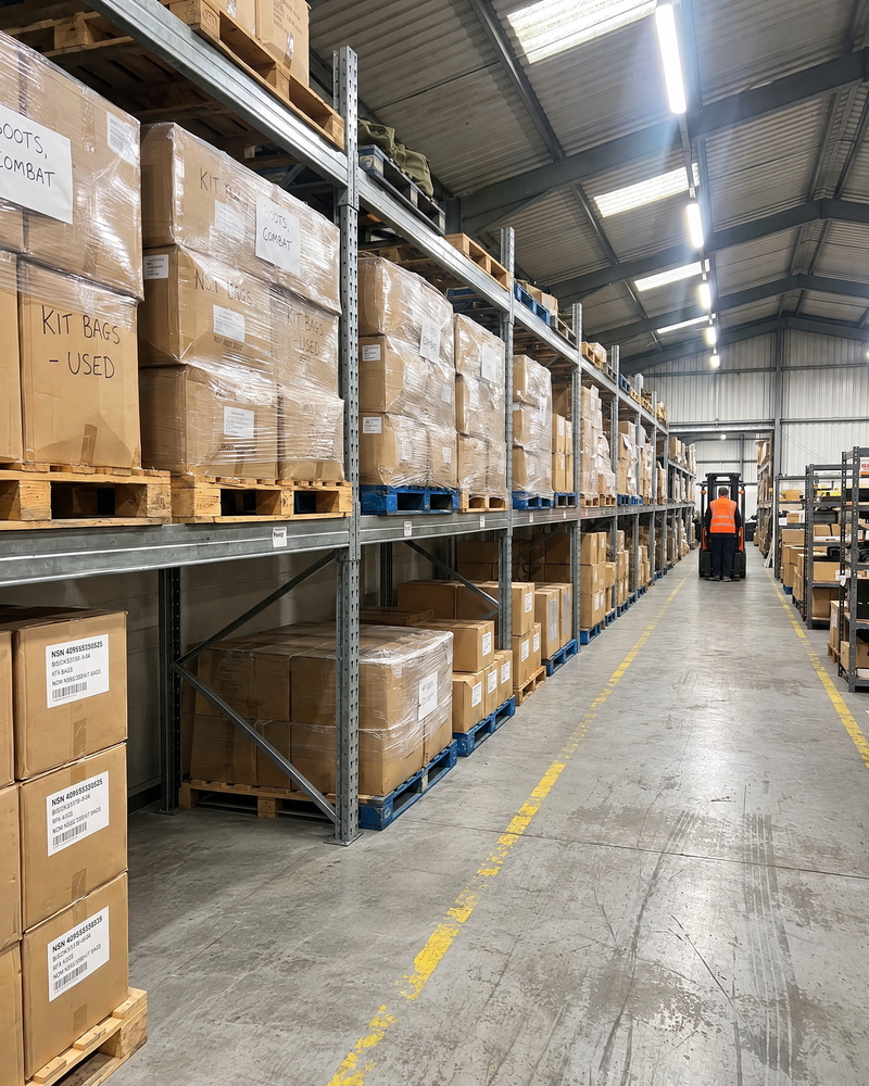 Raid Supply warehouse racking with palletised military surplus stock