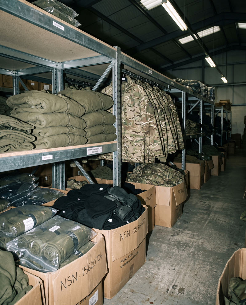 British Army cold weather gear in a quartermaster store