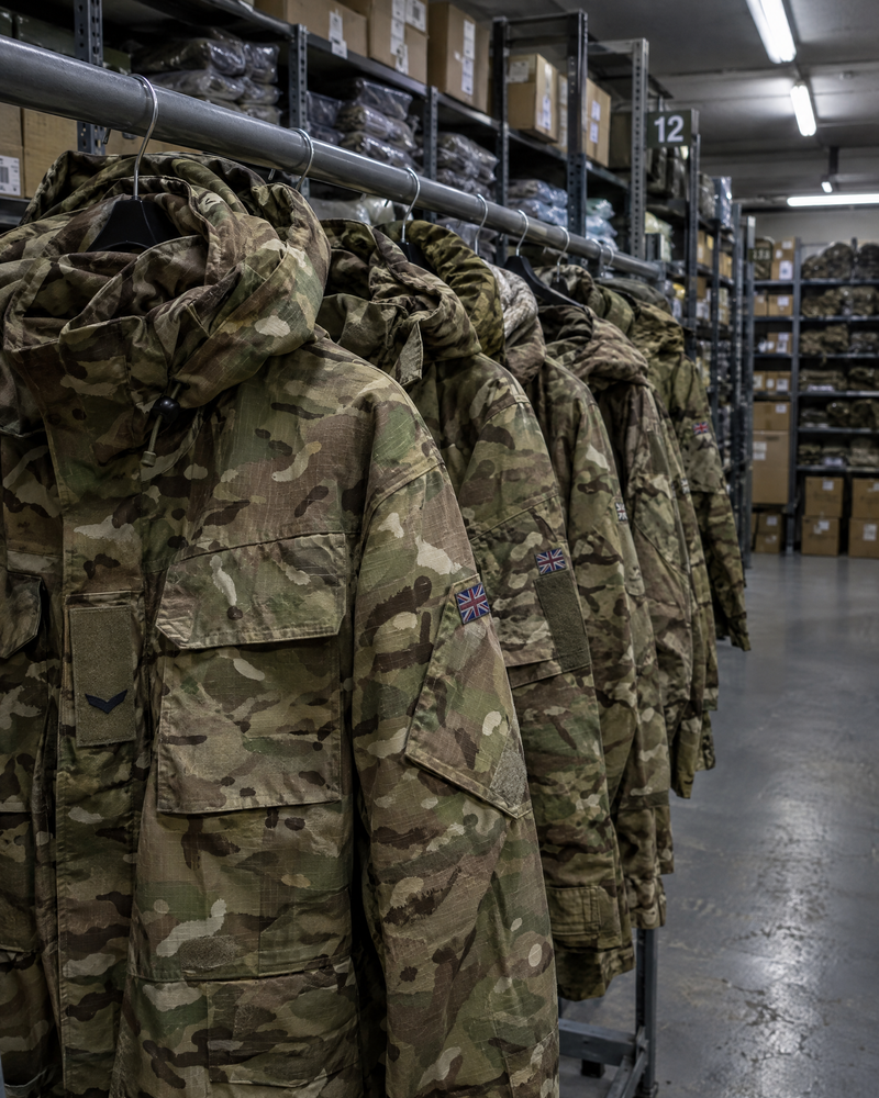 British Army MTP combat jackets and smocks hanging in a QM clothing store