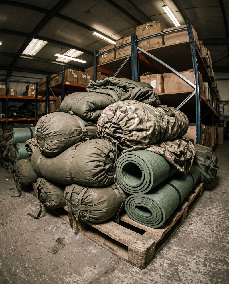 British Army sleeping bags and bivvy bags on a warehouse pallet