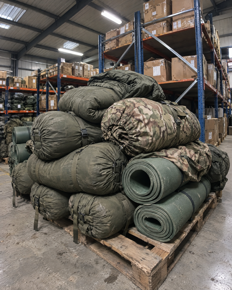 Used British Army sleeping bags and roll mats on a pallet in the Raid Supply warehouse