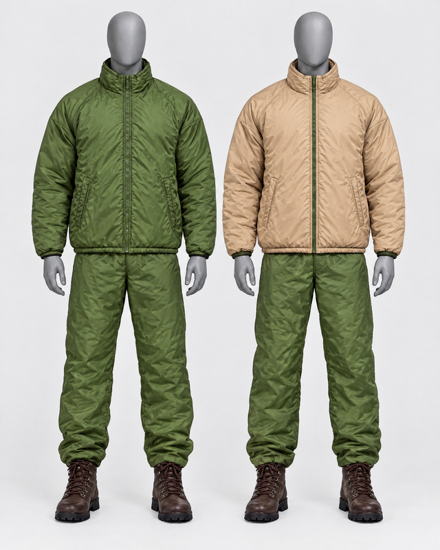 British Army PCS reversible softie suit – jacket and trousers, olive green and sand