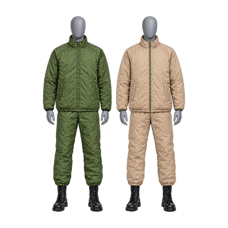Reversible softie suit on mannequins, green side and sand side